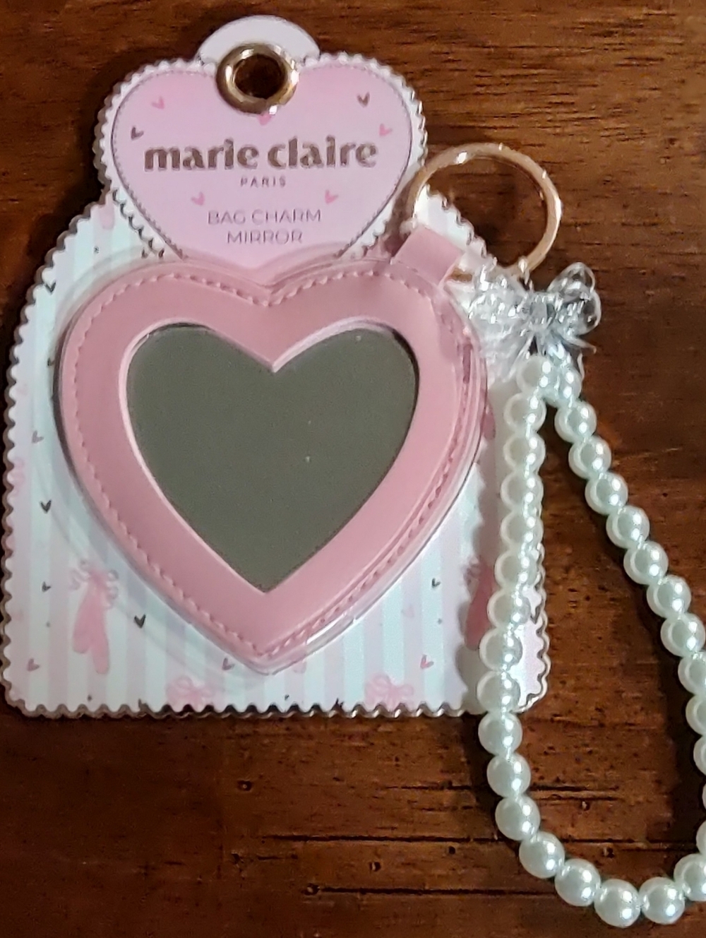 Marie Claire Pink Heart Bag Charm Mirror with Pearl Strap